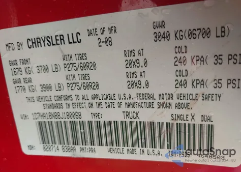 2008 Dodge Ram 1500 Slt from USA, damaged, VIN 1D7HA18N88J180068